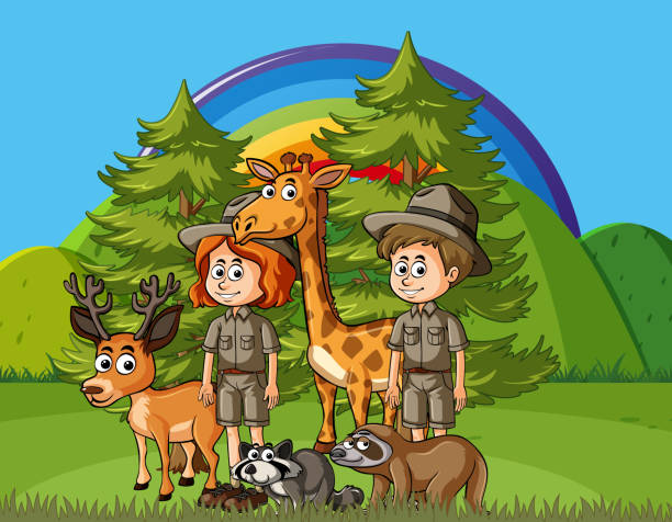 фоновая сцена с парковых рейнджеров и диких животных - rangers stock illustrations