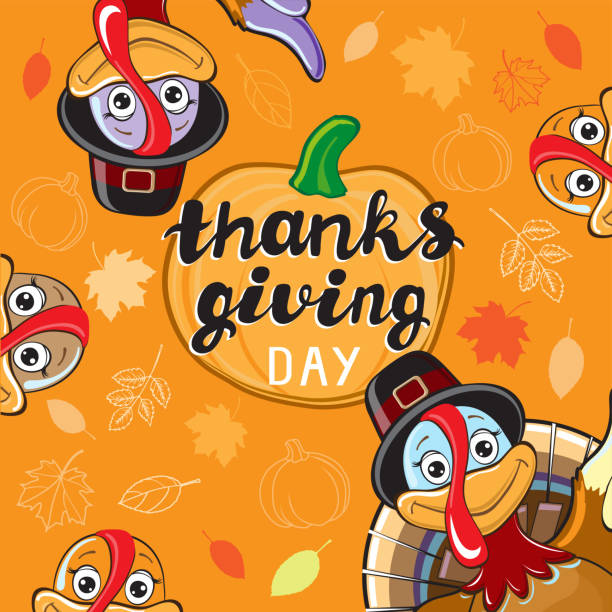 ilustraciones, imágenes clip art, dibujos animados e iconos de stock de tarjeta de acción de gracias de fondo con pavo y letras de acción de gracias sobre un fondo naranja - thanksgiving diner