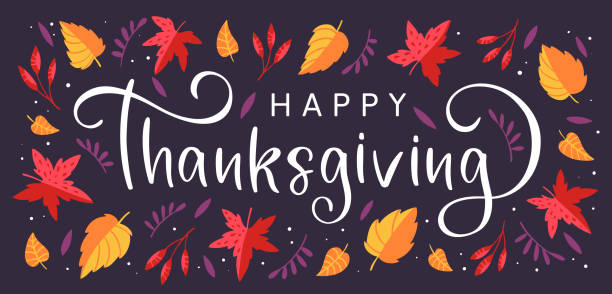 tło z kolorowymi jesiennymi liśćmi i ręcznie rysowanymi napisami happy thanksgiving - święto dziękczynienia stock illustrations