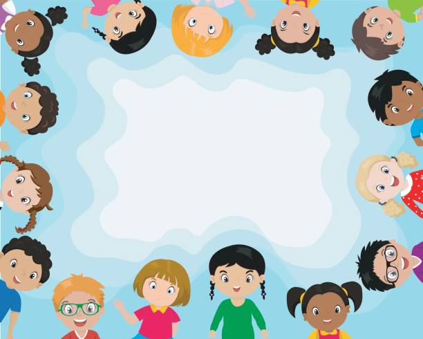 Background with cute cartoon kids. Place for text child borders stock illustrations