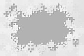 Puzzle background, banner, blank. Vector jigsaw section template. Background with grey puzzle frame separate pieces, mosaic, details, tiles, parts. Rectangle abstract jigsaw. Game group detail.
