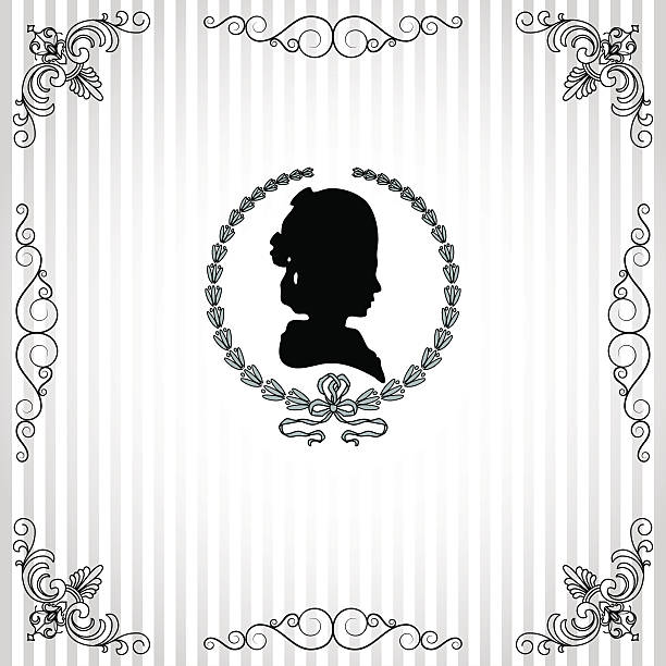 Background with lady's silhouette Gray background with black silhouette of lady vignette frame cameo brooch stock illustrations
