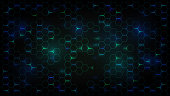Abstract dark background with green luminous hexagons, technology, neon