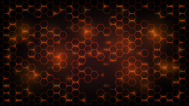 Background with luminous hexagons Abstract dark background with orange luminous hexagons, honeycombs beehive stock illustrations