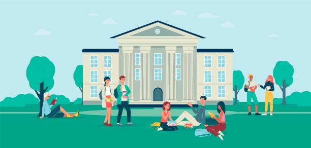 Background with students in front of college campus, flat vector illustration. Background with groups of students in front of college campus building, flat vector illustration. College or university campus backdrop template with young people. college campus stock illustrations