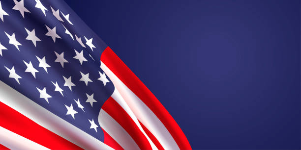 Background with waving realistic American flag on dark blue...