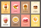 Set of brochures with sweets. Vector templates. Backgrounds with ice cream, cakes, cupcakes and candies.