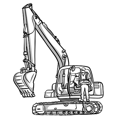 Backhoe And Construction Worker Standing
