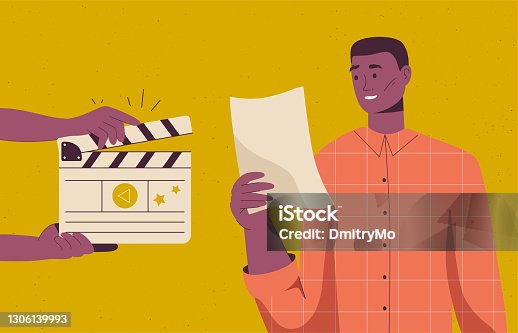 istock Backstage of filmmaking scene. Actor rehearses and reads script 1306139993