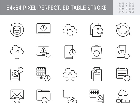 Backup line icons. Vector illustration with minimal icon - recovery data, laptop, system crash repair, database, cloud transfer, recycle bin, folder pictogram. 32x32 Pixel Perfect Editable Stroke.