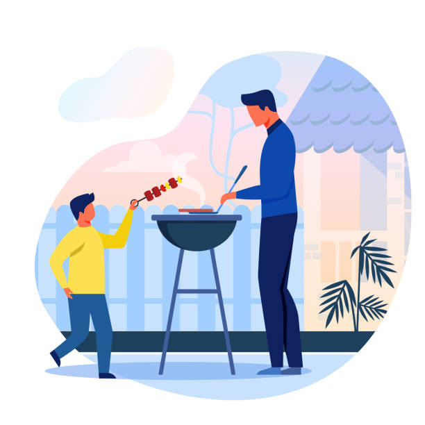 Backyard Barbecue, Picnic Flat Vector Illustration Backyard Barbecue, Picnic Flat Vector Illustration. Father and Son Cooking Meat Together Cartoon Characters. Young Man Roasting Steak on Grill. Little Boy Holding Shashlik, Kebab. Family Barbeque drawing of family picnic stock illustrations