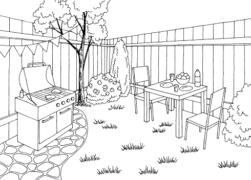 Backyard bbq garden party graphic black white sketch illustration vector