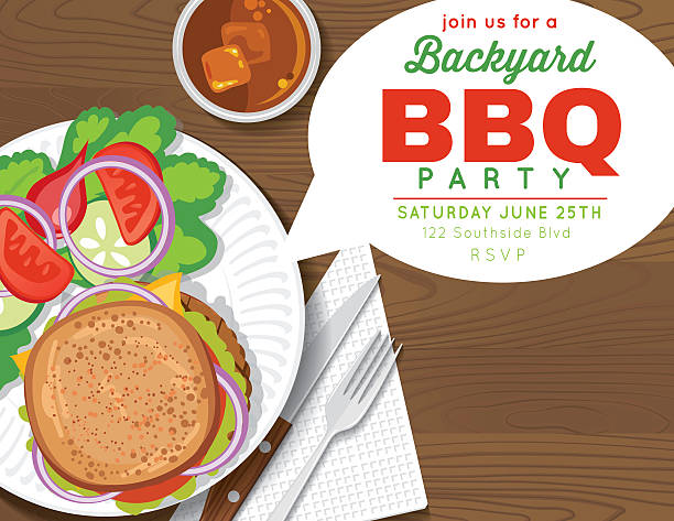 stockillustraties, clipart, cartoons en iconen met backyard bbq party invitation template - plate hamburger