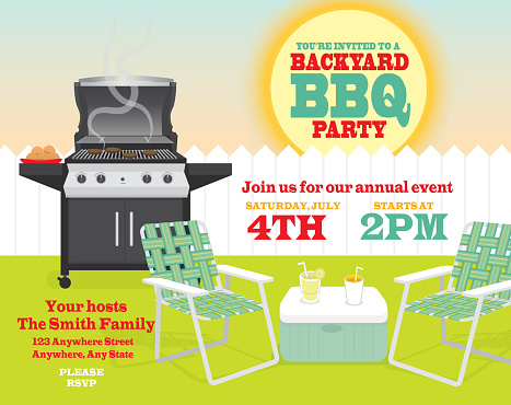 Backyard BBQ themed invitation template with sun and picket fence
