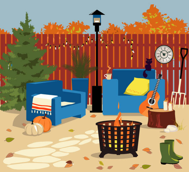 Backyard décor for fall Cozy backyard in fall with a fire pit, patio heater, chairs, gardening tools and seasonal decorations, no people, EPS 8 vector illustration fire pit stock illustrations