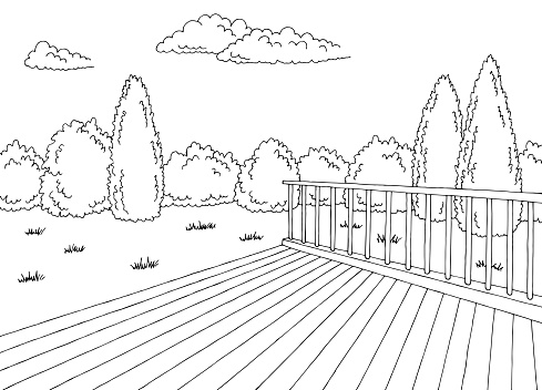 Backyard deck garden graphic black white sketch illustration vector