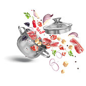 Bacon, onions, cheese, chili peppers, basil and parsley fly out of the pan with the lid open. Spicy meat soup. Recipe for a spicy meat dish. Vector 3d illustration