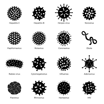 Bacteria set. Bacillus symbols human microbes stamp medical icons microorganism signs germ recent vector silhouettes illustrations set isolated. Silhouette bacterium and microorganism, virus microbe