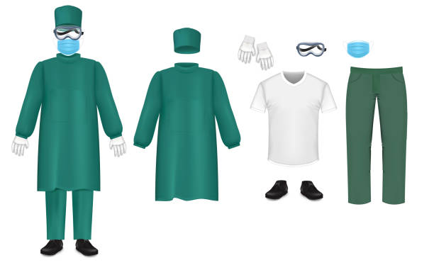 Bacteriological green protective suit set, vector isolated illustration Bacteriological protective suit set, vector illustration. Hospital, emergency medical staff sanitary clothing. Green protection suit. Nursing scrub, hat, mask, underscrub tee, shoes, goggles gloves. evening gown stock illustrations