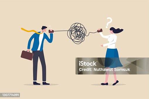 istock Bad communication, misunderstanding create confusion in work, miscommunicate unclear message and information concept, businessman talking through messy chaos, tangled phone line make other confused. 1307714091