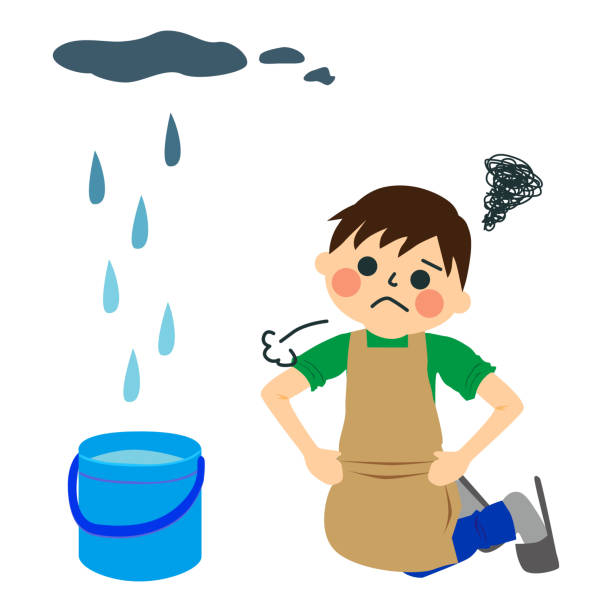 stockillustraties, clipart, cartoons en iconen met slecht lek met bezorgde man. - save water bucket