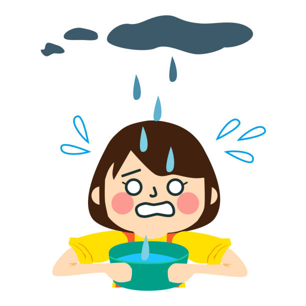 stockillustraties, clipart, cartoons en iconen met slecht lek met bezorgde vrouw. - save water bucket