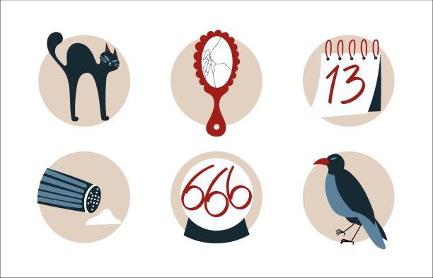 Bad luck symbols Set of bad luck symbols. Black cat, Friday 13th, number 666 in crystal ball, shattered mirror, spilled salt. Unfortunate numbers and misfortune signs. Superstitions concept vector illustrations set friday the 13th stock illustrations