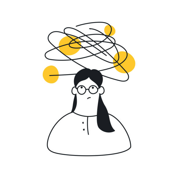 Bad thoughts, problems, depression, entanglement and anxiety, thinking Cute girl and emotional problems, mental health. She thinking, dreaming, and analyzes. Flat line vector icon illustration on white. Clean design outside the box stock illustrations