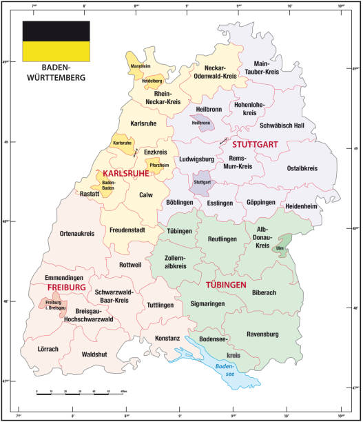 Baden Wuerttemberg state outline administrative and political map with flag Baden Wuerttemberg state outline administrative and political map with flag baden württemberg stock illustrations