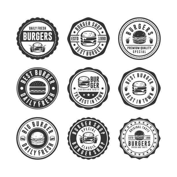 Badge Burger stamps design set Badge Burger stamps design set burger stock illustrations