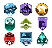 Set of badges with mountain and forest camp. Camp Patches.
