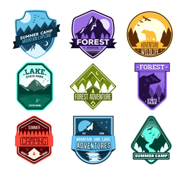 Badge for forest camping, exploration camp, tourism extreme sport club. Wild travel sticker Set of badges with mountain and forest camp. Camp Patches. adventure patterns stock illustrations
