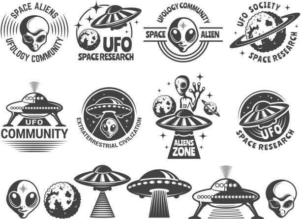 用飛碟和外星人設置的徽章。帶有文本位置的向量設計範本 - ufo 幅插畫檔、美工圖案、卡通及圖標