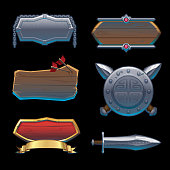 A set of 6 medieval badges and symbol background on black background.