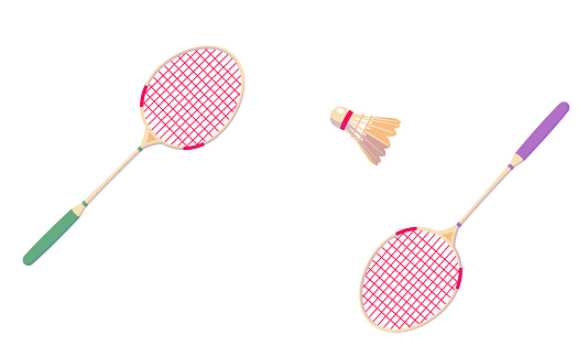 Badminton shuttlecock and rackets for horizontal banner. Tennis Professional sport equipment isolated on white background. Abstract competition illustration. Copy space. Vector clip art