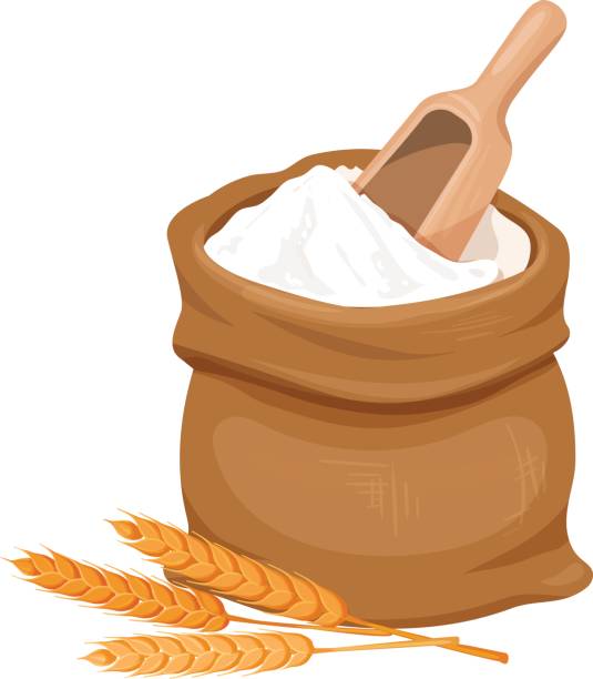 Bag of flour and wheat Bag of flour , shovel and ears of wheat. Vector illustration. flour stock illustrations