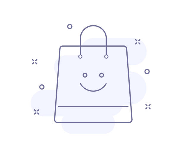 stockillustraties, clipart, cartoons en iconen met bag with smile outline vector illustration isolated on white. bag with smile purple line icon with light pink background and decorations. for web and ui design, mobile apps and print polygraphy - happy friday emoticon