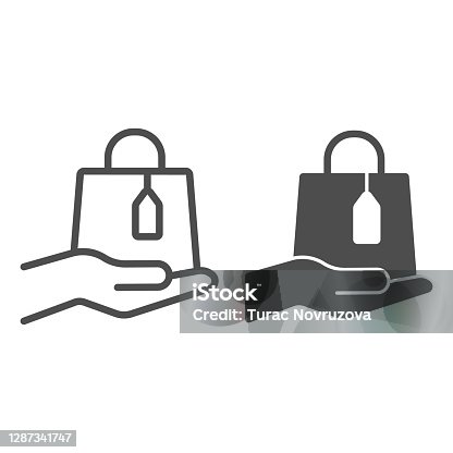 istock Bag with tag and hand line and solid icon, Black Friday concept, palm hold shopping bag sign on white background, purchases package on hand icon in outline style for mobile and web. Vector graphics. 1287341747