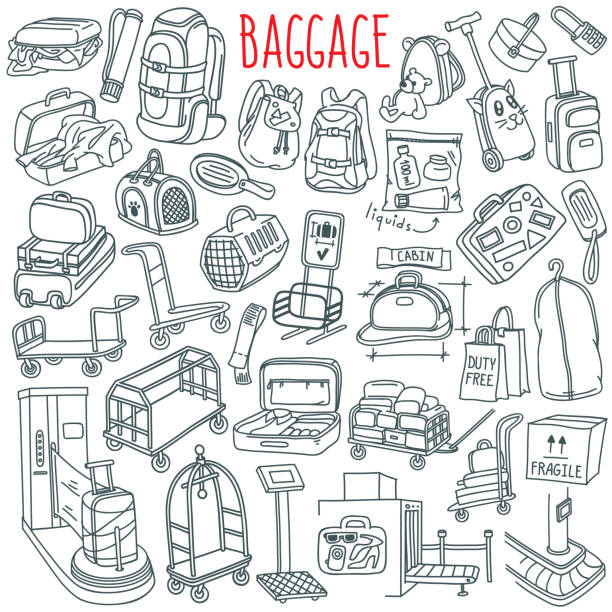ilustrações de stock, clip art, desenhos animados e ícones de baggage doodle set. variety of travel luggage, bags, cases, suitcases, backpacks, transportation carts, pets carriers. - fechar porta bagagens