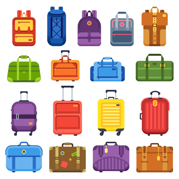 illustrations, cliparts, dessins animés et icônes de valise bagages. poignée de sac de voyage, bagages sac à dos et affaires valises isolé plat vecteur défini - bagage