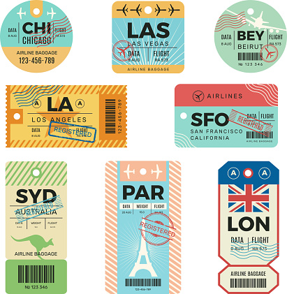 Baggage tags. Retro tickets for travellers luggage airplane stickers with stamps vector design templates. Tag luggage, trip passenger badge, destination traveller cardboard illustration