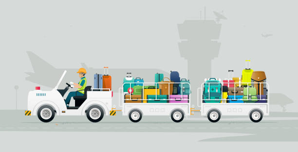 Baggage truck at the airport. A worker drives a truck carrying luggage onto a plane at the airport. luggage cart stock illustrations