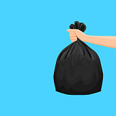 bags waste, garbage black plastic bag in hand isolated on blue background, bin bag plastic black for disposal garbage, icon bag trash and hand, bags waste full, illustration rubbish junk bag recycle