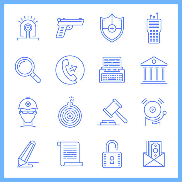 Bail System & Equal Justice Blueprint Style Vector Icon Set Modern bail system and equal justice blueprint style concept outline symbols. Line vector icon sets for infographics and web designs. divorce icons stock illustrations