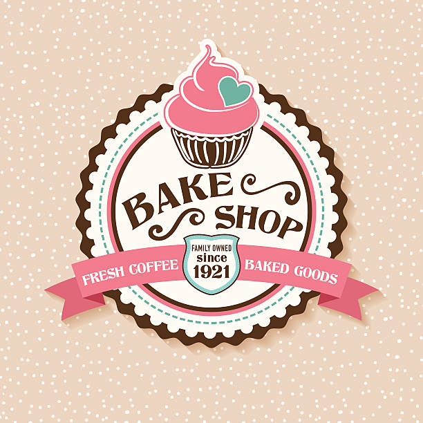 Bake Shop Sticker With Cupcake and Ribbon Bake Shop or Cafe Sticker With Cupcake and Ribbon. store backgrounds stock illustrations