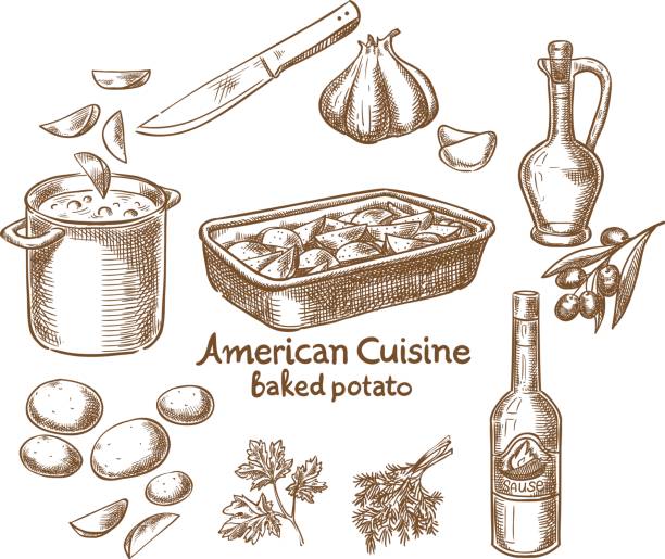 Baked potatoes and ingredients Baked potatoes and ingredients casserole stock illustrations