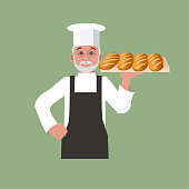 Baker old man holding plate with loaves of bread. Vector illustration