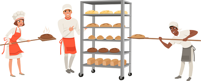 Bakers Characters Set, People in Uniform Working in Bakery Cartoon Style Vector Illustration