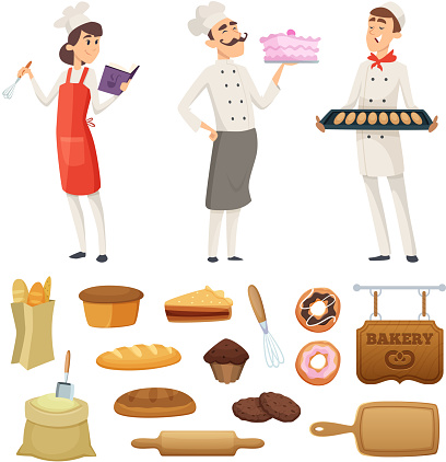 Bakers male and female at work. Characters in different poses