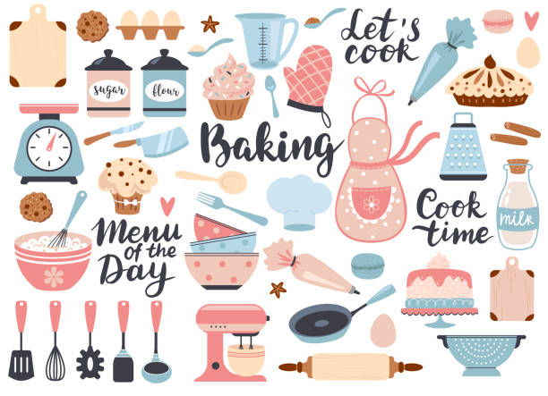 Bakery and cooking set. Bakery and cooking set, kitchen utensils icons. Perfect for scrapbooking, poster design, sticker kit. Hand drawn vector illustration. bakery illustrations stock illustrations